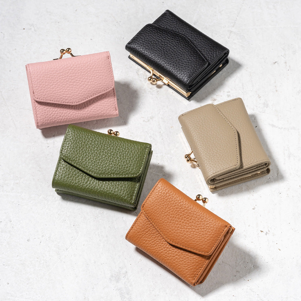 シュリンクレザー がま口 ボックス型コイン収納 ミニ 三つ折り財布