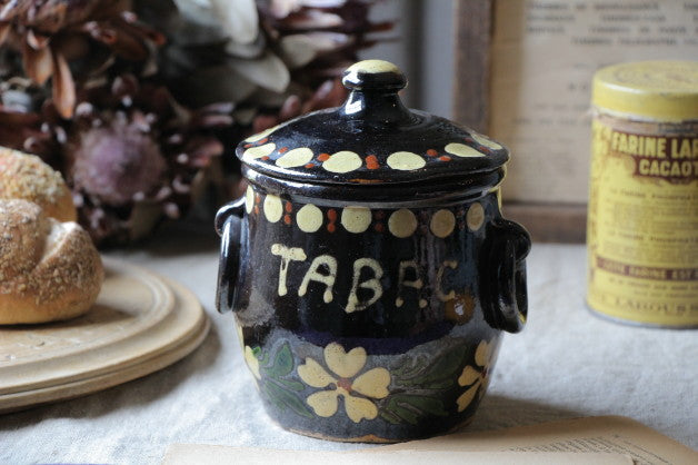 ハンドペイントの花柄が可愛い蓋つきポット フランスアンティーク陶器