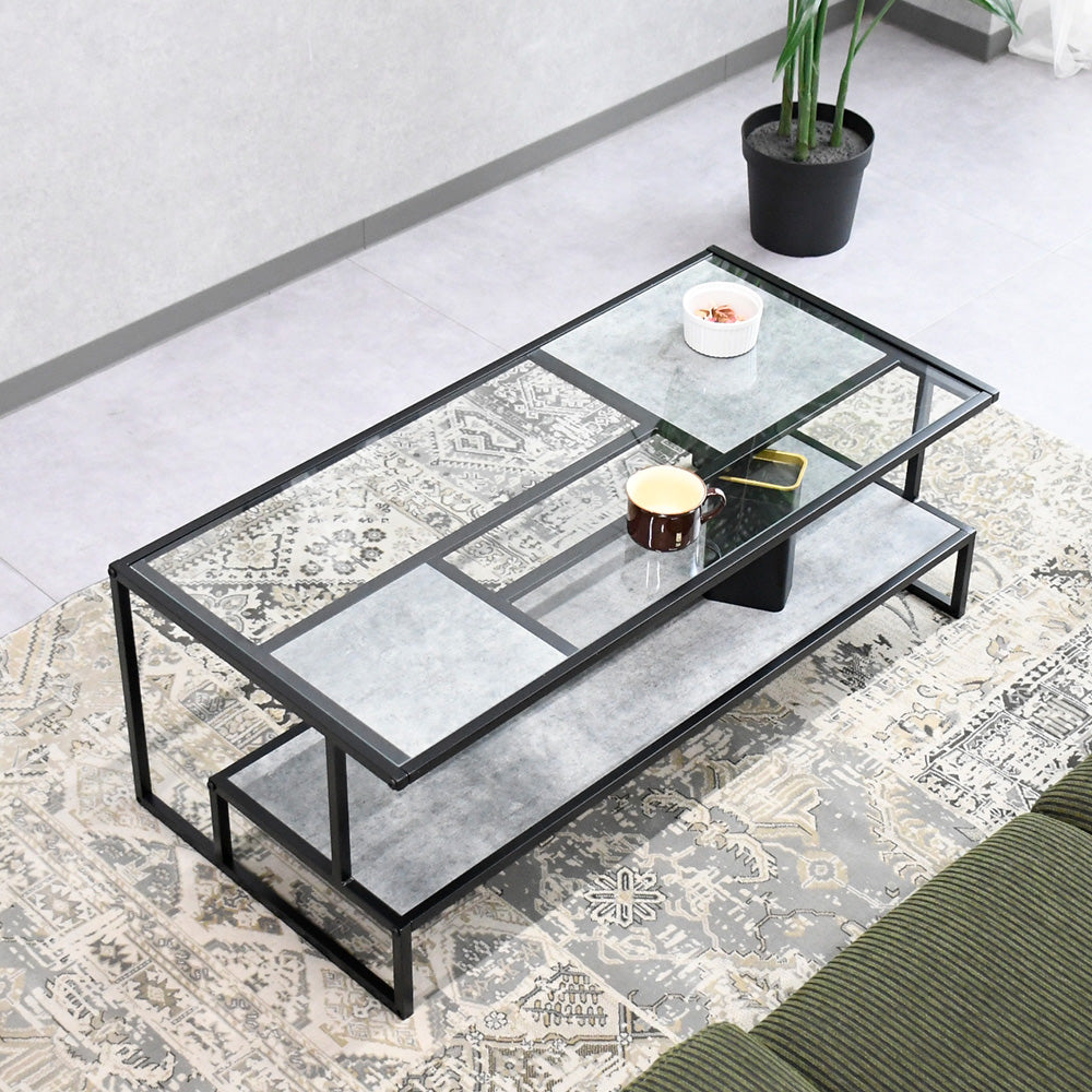 センターテーブル ガラストップ モダン｜石目調×スチール脚 ロー