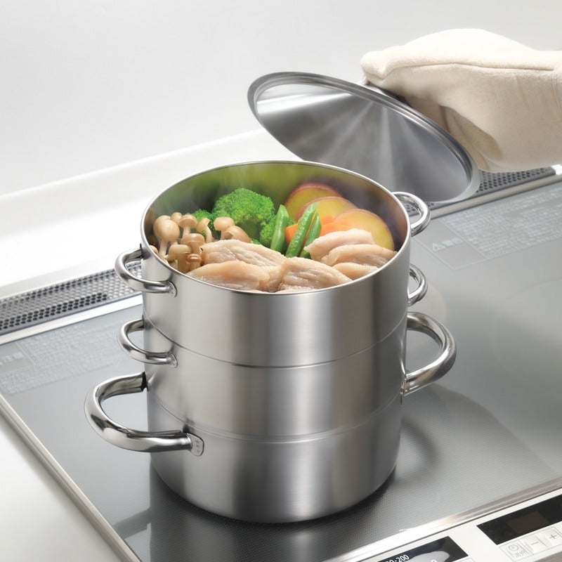 日本製 燕三条 お手入れ簡単! ステンレス3段蒸し器 18cm ガス火・IH
