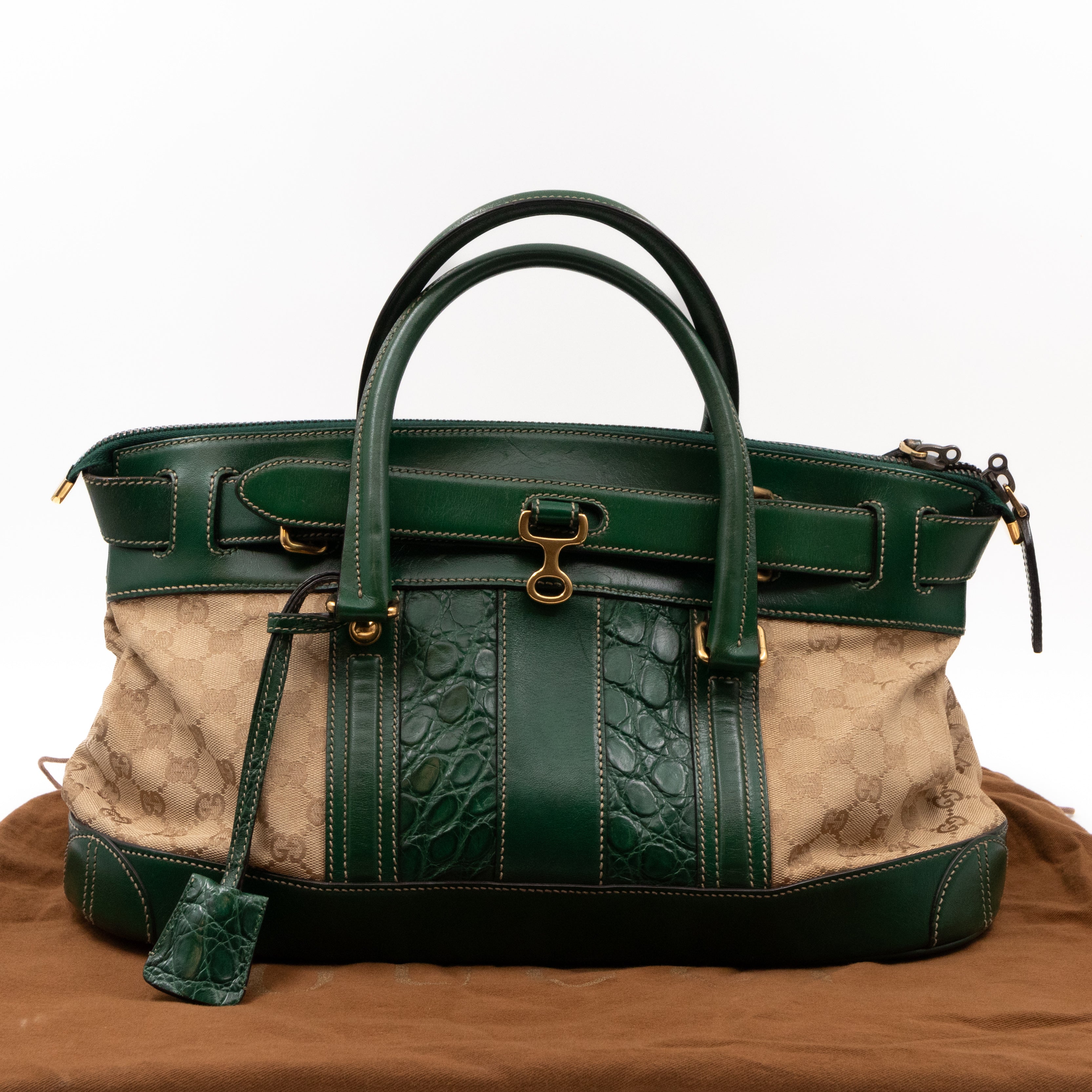 Gucci Secret Satchel Bag GG Canvas Green Crocodile Web Leather
