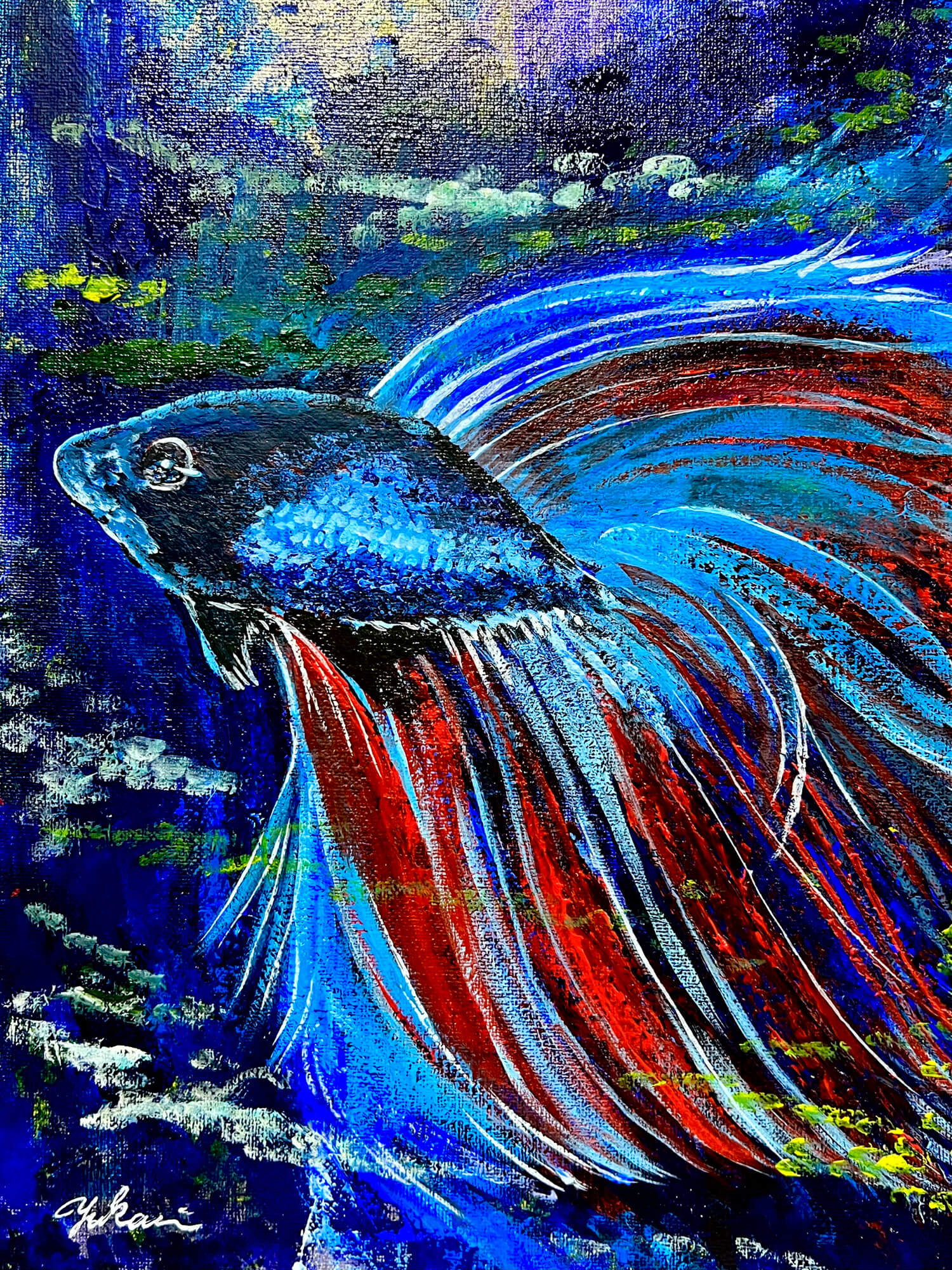 展示用絵画：青と赤 [作者:Yukari] – CANVAZ.ART SHOP