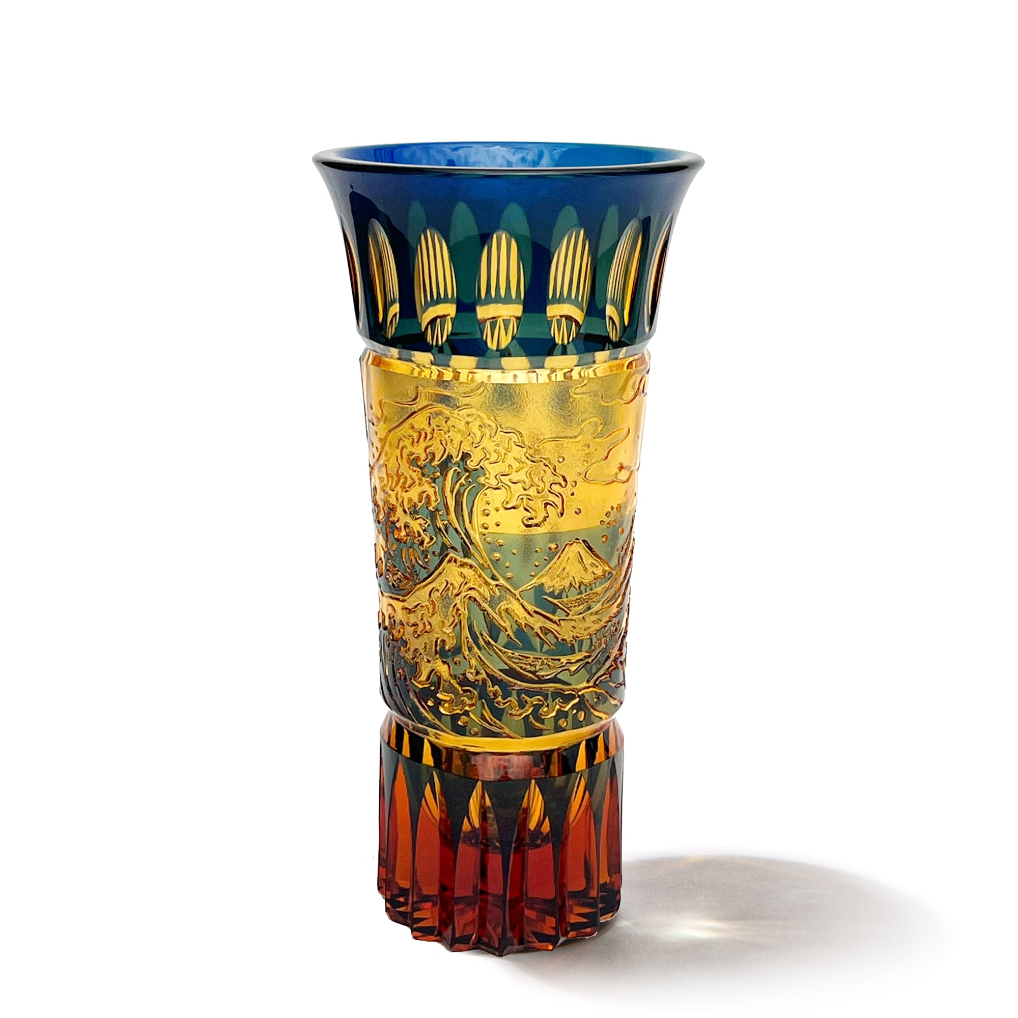 江戸切子 富嶽三十六景「神奈川沖波裏」に福菱 花瓶 琥珀ルリ ｜江戸