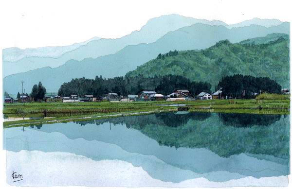 水のある風景 トレース水彩画