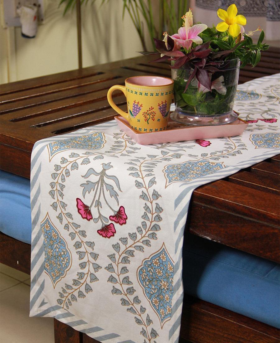 Buy Hand Blocked Pink Blue Hibiscus Table Runner At Best Prices