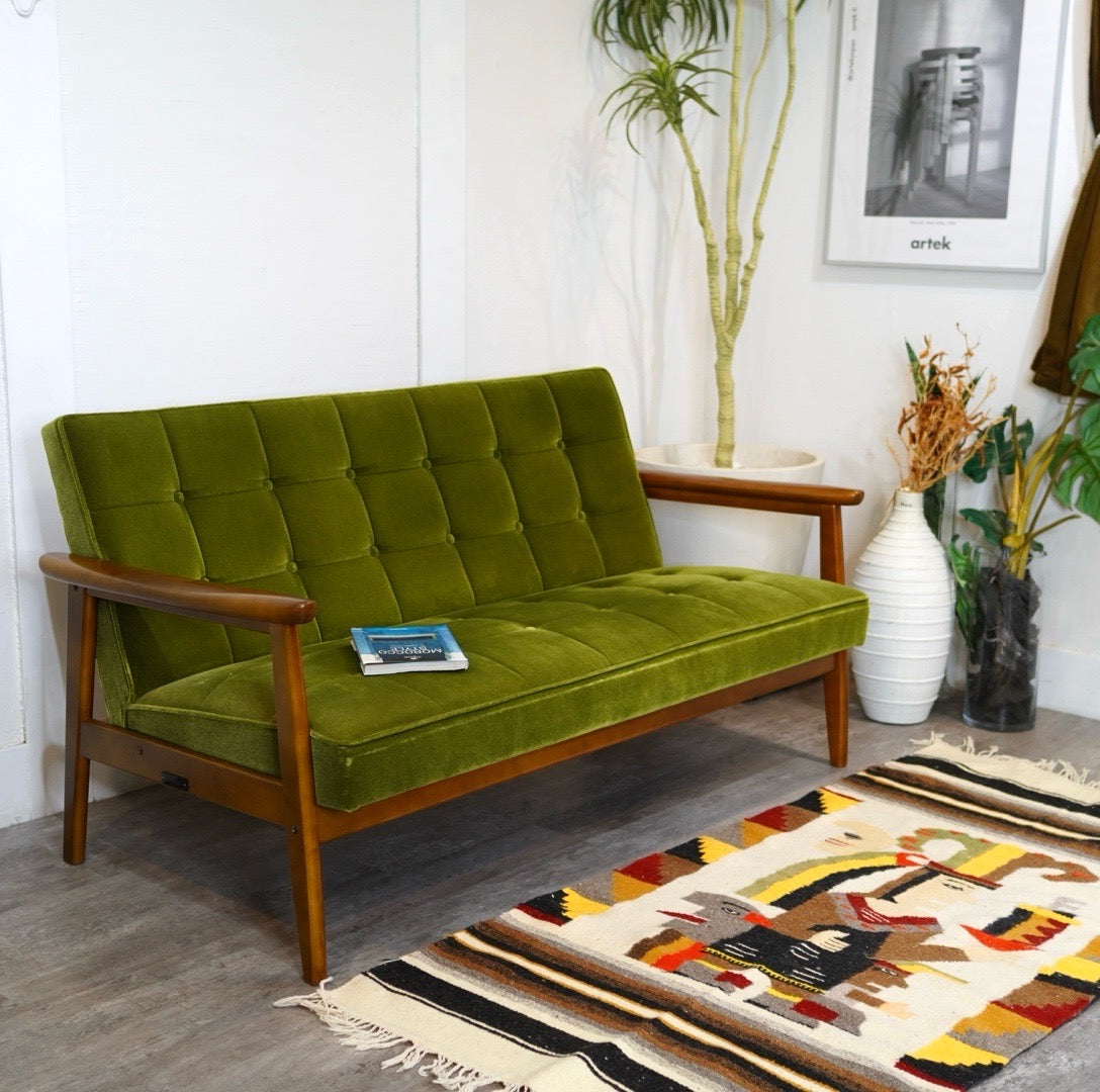 カリモク60 Kチェア 2シーターソファ モケットグリーン 中古 緑 レトロ