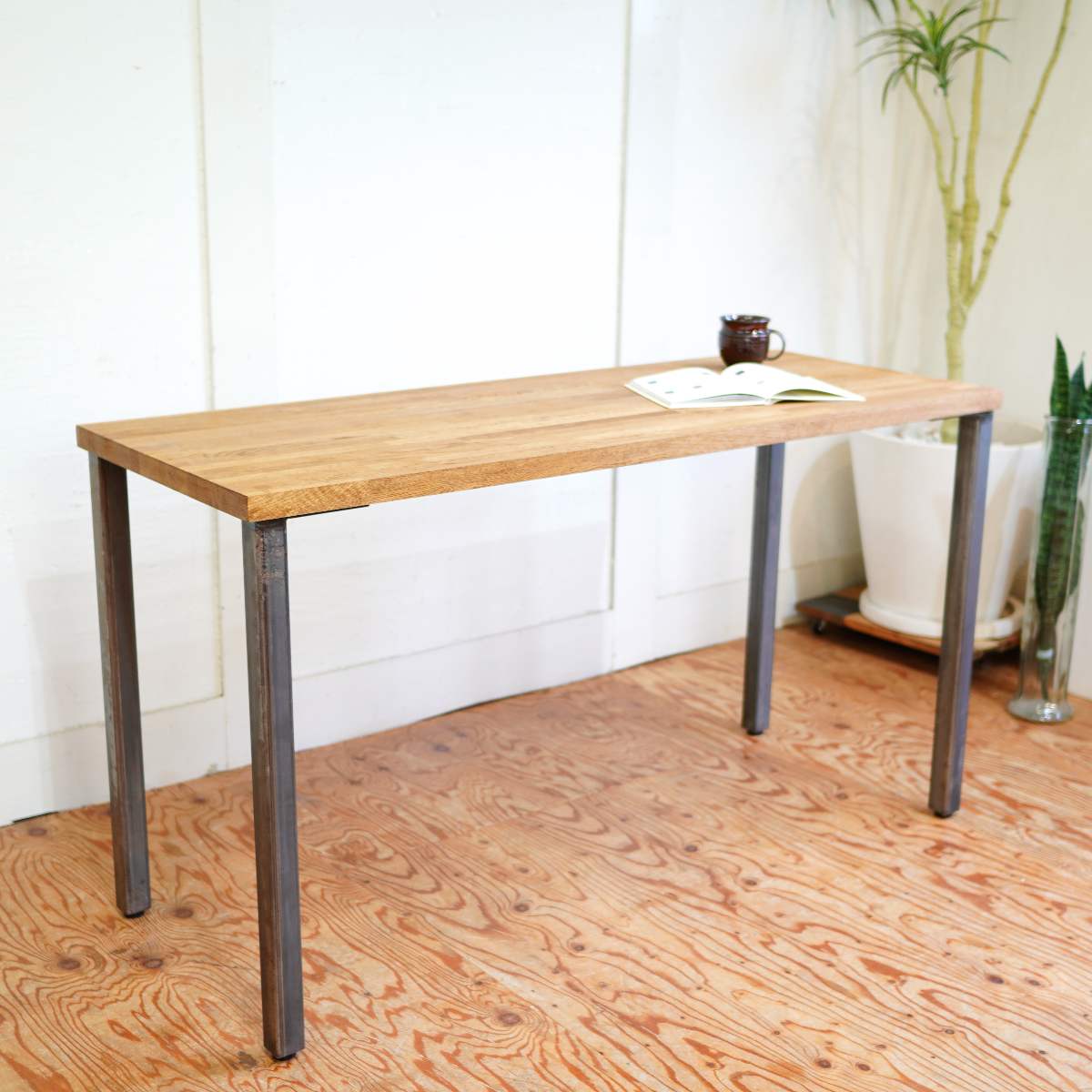 オーク無垢材×スチール脚 デスク ロングテーブル カウンター 作業台