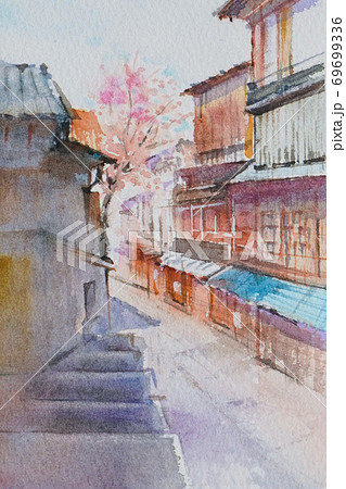 金沢茶屋街町並みの水彩画風景画のイラスト素材 [69699336] - PIXTA