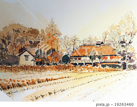 秋の萱葺き民家 水彩画 秋 紅葉 日本の家 民家 故郷 ふるさと レトロ