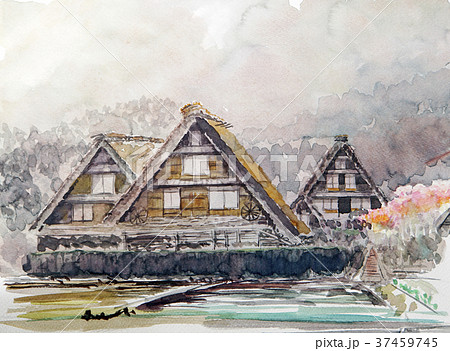 早春の白川郷 白川郷 手書き スケッチ 美しいのイラスト素材 [37459745