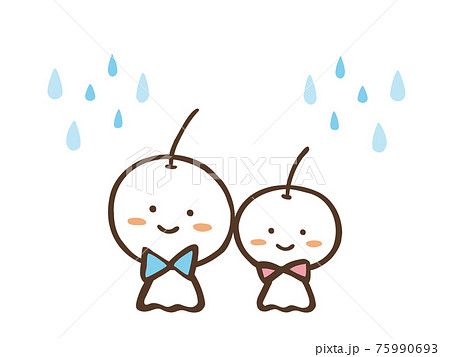 かわいいリボンとてるてる坊主と雨 夏（梅雨）／手書きイラストの