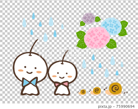 かわいい紫陽花とてるてる坊主と雨とカタツムリ 夏（梅雨）／手書き