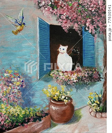 白猫と黒猫と鳥さん アクリル画のイラスト素材 [77630541] - PIXTA