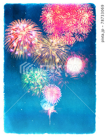 手書き水彩の夜空に描いた、華やかな花火のイメージのイラスト素材
