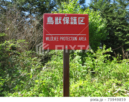 鳥獣保護区の立て看板のある風景の写真素材 [73949859] - PIXTA