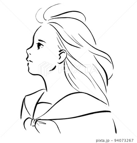 風に吹かれる女性の横顔 モノクロ線画イラスト のイラスト素材