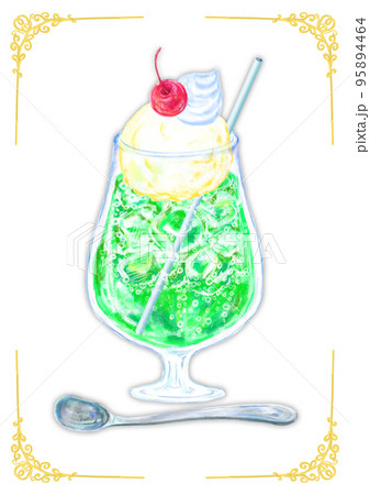 クリームソーダ_メロン_レトロ背景_白のイラスト素材 [95894464] - PIXTA