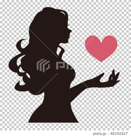 ハートのオブジェクトを手のひらの上に浮かべた女性のシルエット