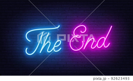 The end neon sign on brick wall background.のイラスト素材