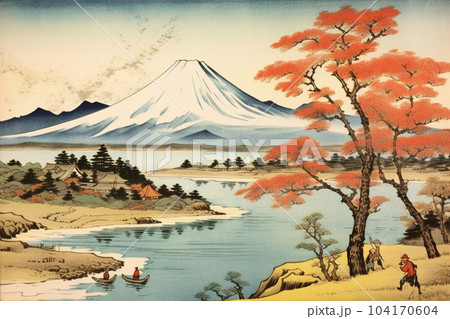 湖と富士山（浮世絵風）：AI生成画像のイラスト素材 [104170604] - PIXTA