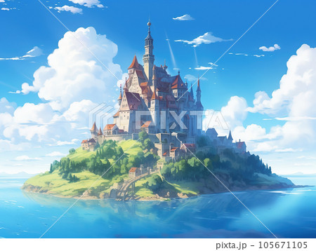 海に囲まれたお城のある洋風都市アニメ背景のイラスト素材 [105671105