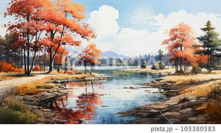 木々の紅葉が水面に映る美しい水辺の風景：水彩画のイラスト素材