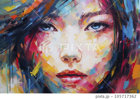 カラフルな絵の具で描かれた女性のアート「AI生成画像」のイラスト素材