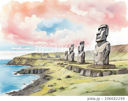 水彩画背景_世界旅行_イースター島_モアイ_01のイラスト素材