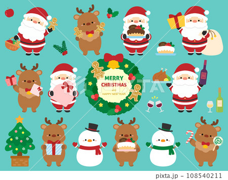 かわいいサンタさんとトナカイと雪ダルマのイラスト素材セットの