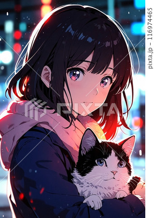 猫と女の子のアニメ風イラスト,Generative AI AI画像のイラスト素材