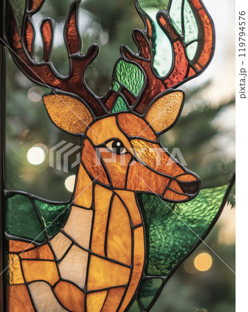 クリスマスのトナカイが描かれたステンドグラス AI画像のイラスト素材