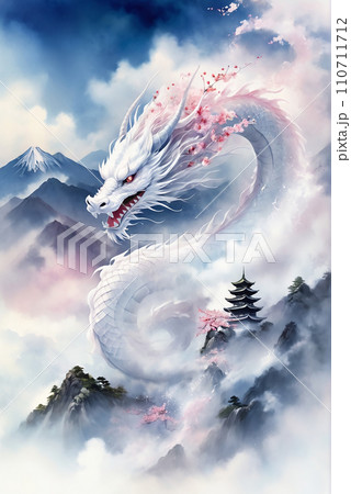 桜と白龍の水彩画 スピリチュアル開運イラストアート（AI生成画像）の