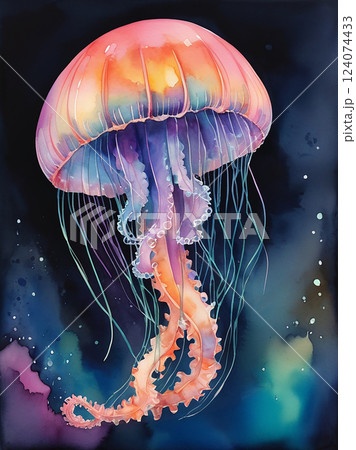 深海 クラゲ カラフル 水彩画 イラスト アートのイラスト素材