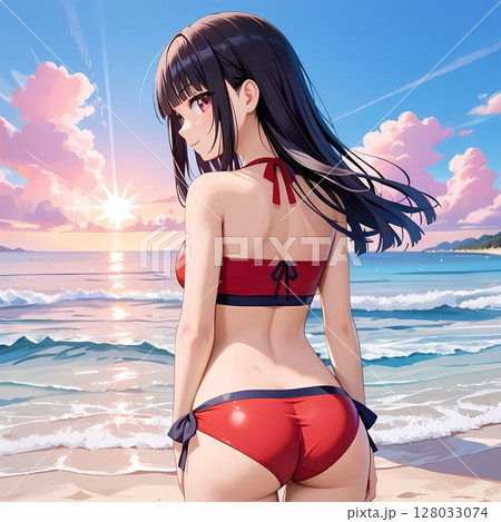 ビーチにいる水着の若い女性のイラスト素材 [128033074] - PIXTA