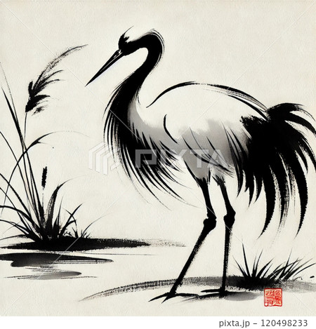 鶴の水墨画風イラストのイラスト素材 [120498233] - PIXTA