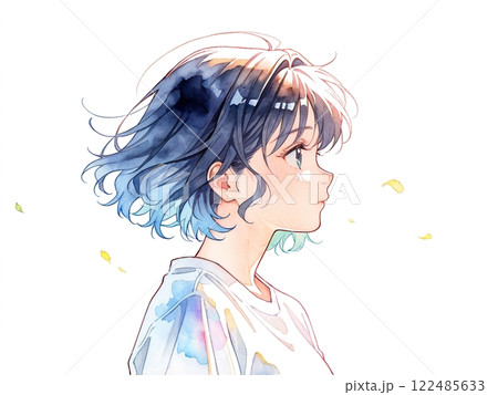 くせ毛のショートヘアの女の子の横顔の水彩風イラストのイラスト素材
