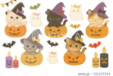 可愛い魔女帽子の猫とかぼちゃとお化けのハロウィンイラストセットの