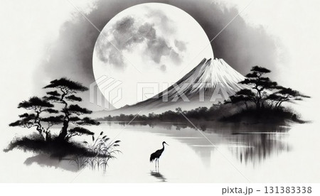 水墨画風 満月と富士山と鶴 日本の美しい幻想的な風景のイラスト素材