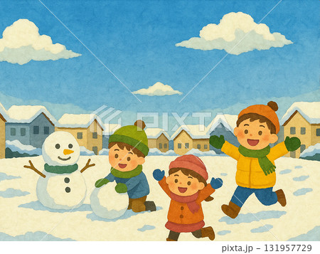 雪だるまと子どもたち（冬の風景・水彩画） / Kids Making a Snowmanの