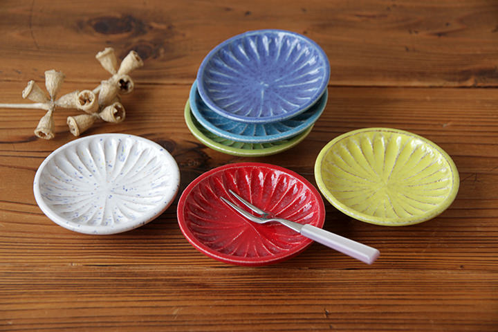 稲右衛門窯】彩色3寸皿/しのぎ/（径 10cm） | 【丹波のイロドリ】丹波