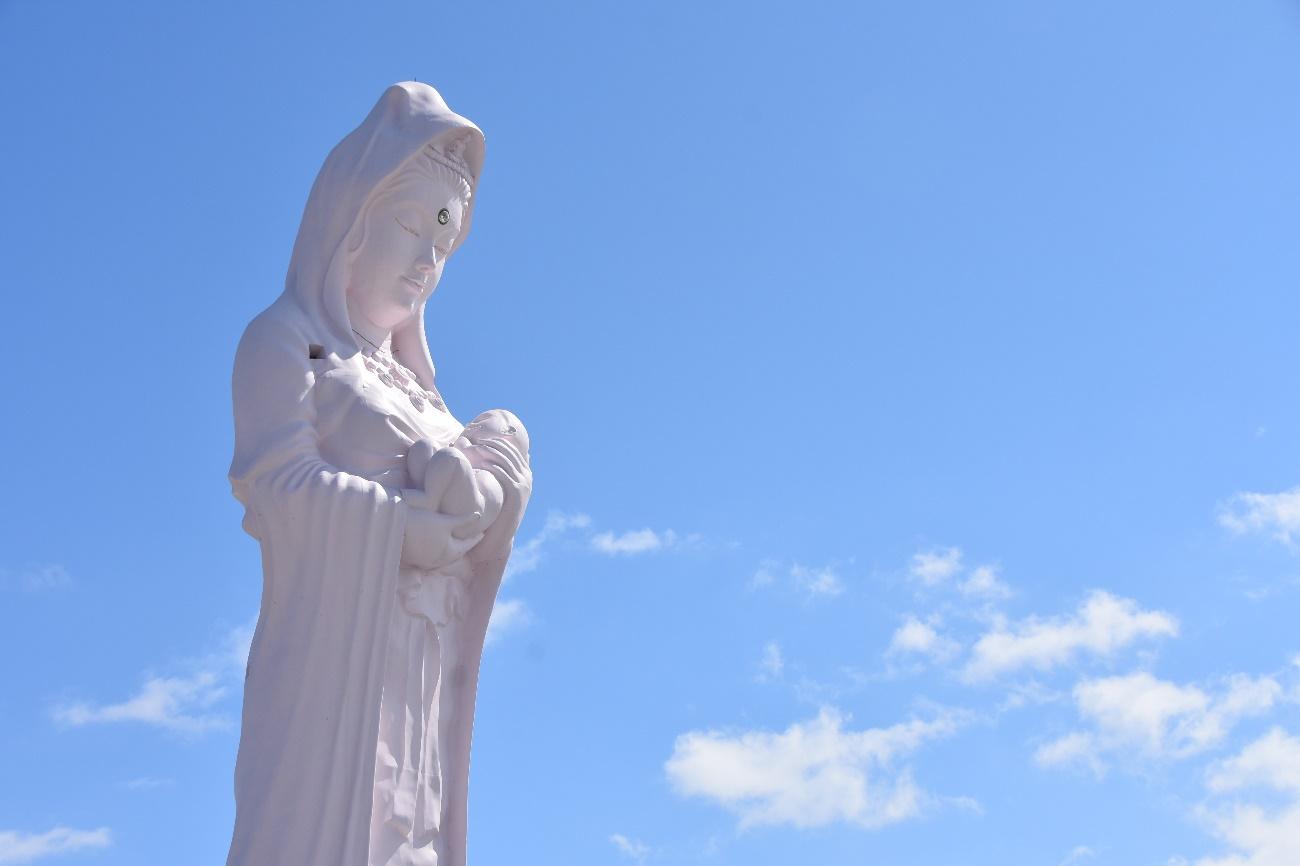 巨大な観音様が今だけほんのりサクラ色。思わず「カワイイ」の声も