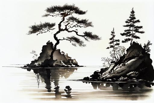 水墨画＿風景画＿日本画＿水辺の景色イラスト - No: 23473814｜無料