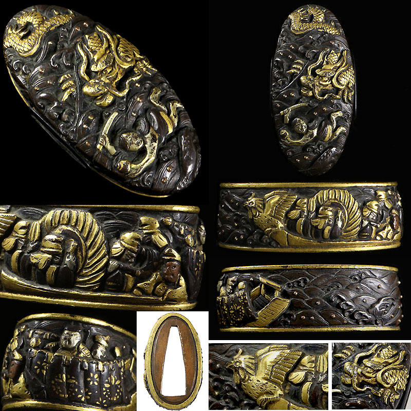 日本刀の縁頭｜赤銅地海女の玉取り図（能：海士・海人 「玉之段