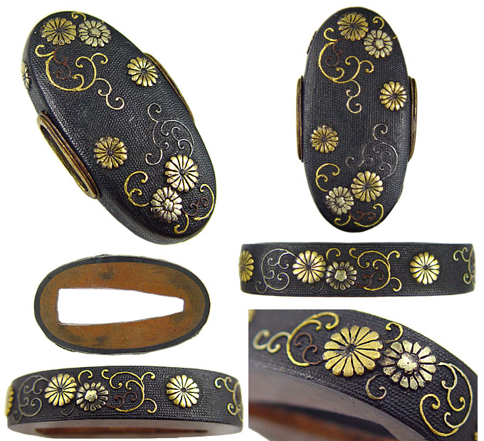 脇差拵 菊花図柄縁頭 鍔桜扇透 繋ぎは木製 書1 脇差拵 菊花図柄縁頭 鍔