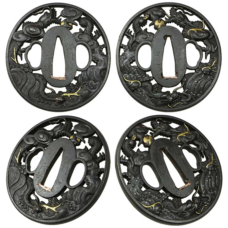 鉄地大鍔 鐔 (尾張 竹輪透かし) 室町〜江戸時代 箱付き 鉄地