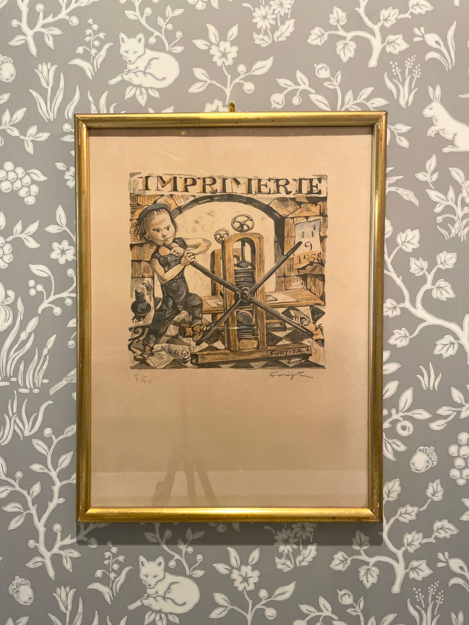 レオナール・フジタ 木版画 小さな職人 「印刷屋」直筆サイン入り