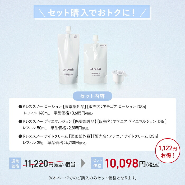 楽天市場】ドレススノー 化粧水・日中用乳液・夜用クリーム セット