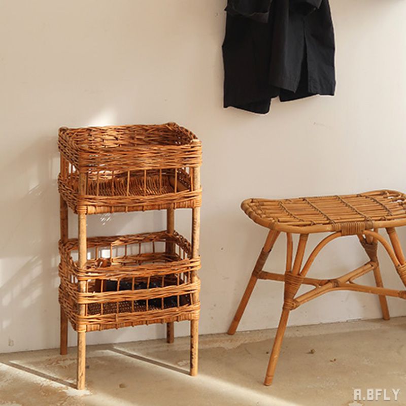 楽天市場】2段ラック 2段バスケット ラタン 籐 皮付きラタン