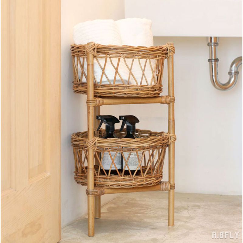 楽天市場】2段ラック 2段バスケット ラウンド 円形 ラタン 籐 皮付き