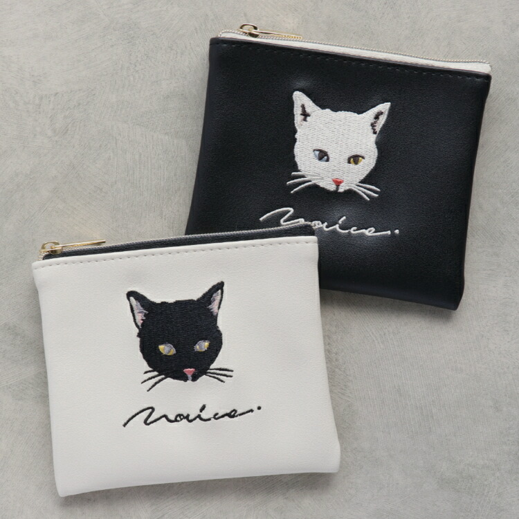 楽天市場】ポーチ Sサイズ 12×10cm 猫の顔 刺繍 黒猫 白猫フェイク